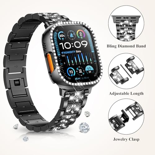 Image of SUPOIX for Apple Watch Band 49mm + Case, Bling Bands for Women (Black) | Shiny Metal Bands & 2 Pack Protective Cover Cases for iWatch Ultra 49mm