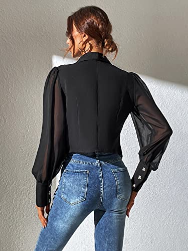 WDIRARA Women's Mesh Sheer Bishop Sleeve Shawl Collar Button Front Casual Jacket Blazer2