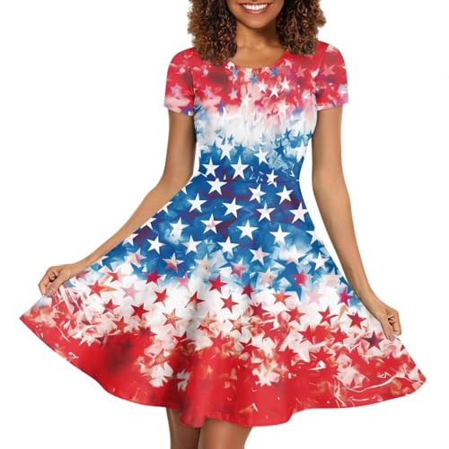 Image of HUGS IDEA Womens Puffy Swing Midi Dress Round Neck Short Sleeve Party A-Line Dresses
