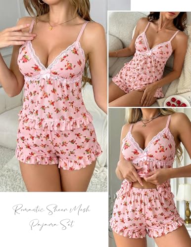 Image of Avidlove Sexy Pajama Lingerie Set for Women Sheer Mesh Cami Shorts | Ruffle V-neck sleepwear, lace trim, elastic waist, adjustable straps, lightweight feel, summer vacation boudoir outfit