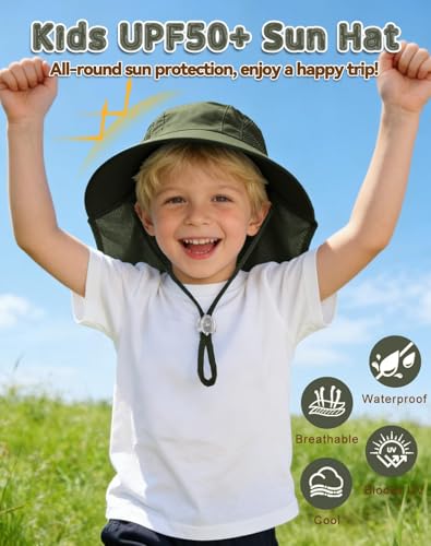 Image of Rosoz Kids Sun Hat with Neck Flap UV Protection Summer Toddler Beach Hat Unisex Ponytail Hat Wide Brim Fishing Hat