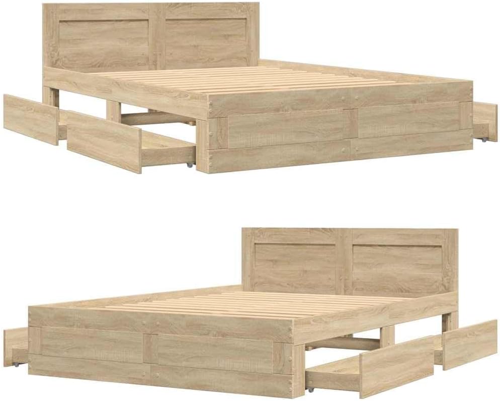 Bed Frame with Headboard 2 pcs Sonoma Engineered Wood 54 x 74 inches Sturdy Platform Foundation with Storage Drawers Modern Minimalist Bedroom Furniture for Mattress Support