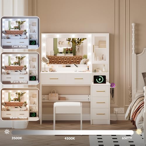 Image of 35.4 inch Makeup Vanity Desk with Charging Station, White Makeup Dressing Table with Mirror & Lights, 3 Lighting Modes Adjustable Brightness, Vanity Table with Power Outlet & 5 Drawers Gold Handle
