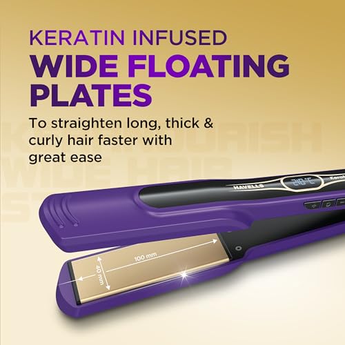 Image of Havells Wide Hair Straightener|KeraNourish| 5 Adjustable Temperature Settings| Digital Display|For All Hair Types|Worldwide Voltage|HS4222