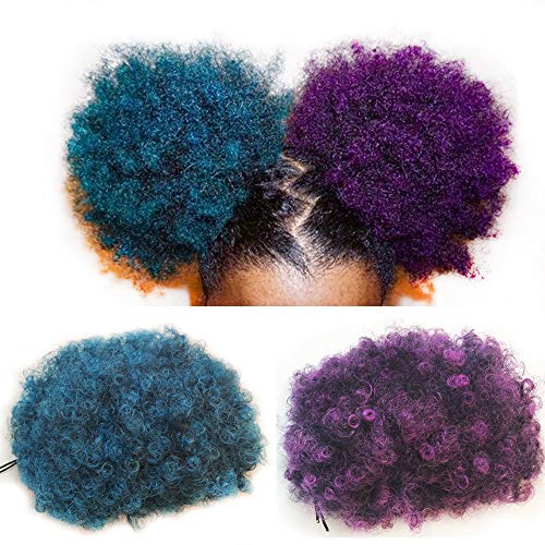 2PCS Afro Puff Ponytail Drawstring Synthetic Short Kinky Curly Ponytail Wig Donut Chignon Hairpieces Wrap Updo Hair Extensions Hair Bun Hairpieces (BLUE+PURPLE)
