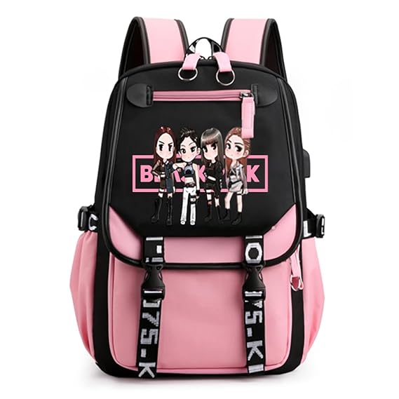 PALAY Black Pink Bag For Girls School Bag with USB Cable Jack Cute Backpacks Idol Print Design Laptop Backpack and Casual Backpack Student Accessories That can Hold 16.8 inches Books