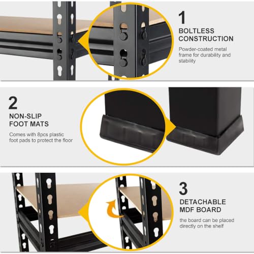 Image of TEKCOOL 6-Shelf Adjustable Boltless Metal Shelving Unit /60 x 24 x 12 Inch Metal Storage Rack with Wooden Planks /Standing Shelf Unit for Home /Garage /Office & Shop /Utility Display Rack (Black);