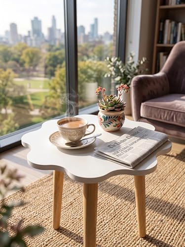 Image of Modern Scalloped Side Table with 3 Wooden Legs, Minimalist End Table /Coffee Table for Living Room, Bedside Nightstand for Bedroom, Balcony & Small Spaces