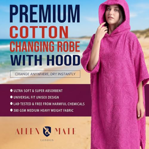 Image of ALLEN & MATE 100% Cotton Hooded Surf Poncho Changing Robe - Quick Absorbent Changing Towel with Pocket for Surfing Men Women