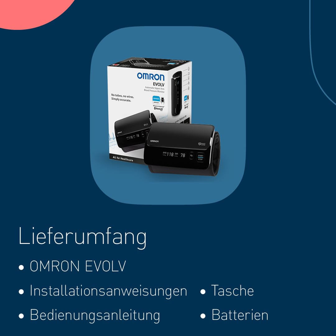 OMRON EVOLV Automatisches Oberarm-Blutdruckmessgerät ohne Kabel, klinisch validiert, auch für Schwangere, mit kostenloser Gesundheits-App