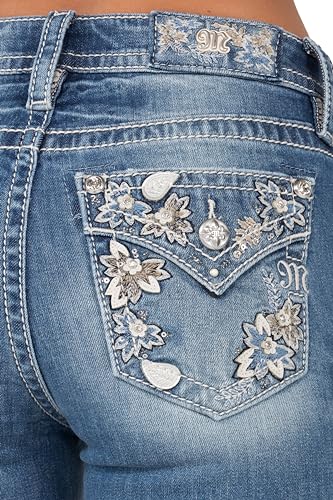 Miss Me Women's Mid Rise Spring Flowers Bootcut Jeans with Faux Flap Pockets4