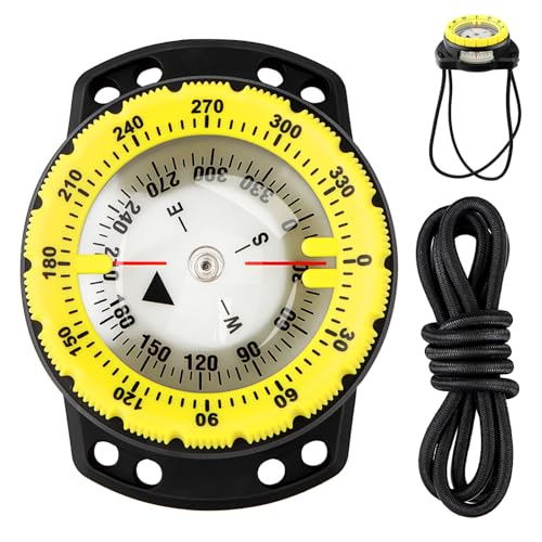 Scuba Dive Compass, Waterproof 5ATM Marine Navigation Wrist Compass with Bungee Mount and Cord, Glow in The Dark for Underwater Diving, Sailing, Camping, Kayaking, Hiking (Yellow)