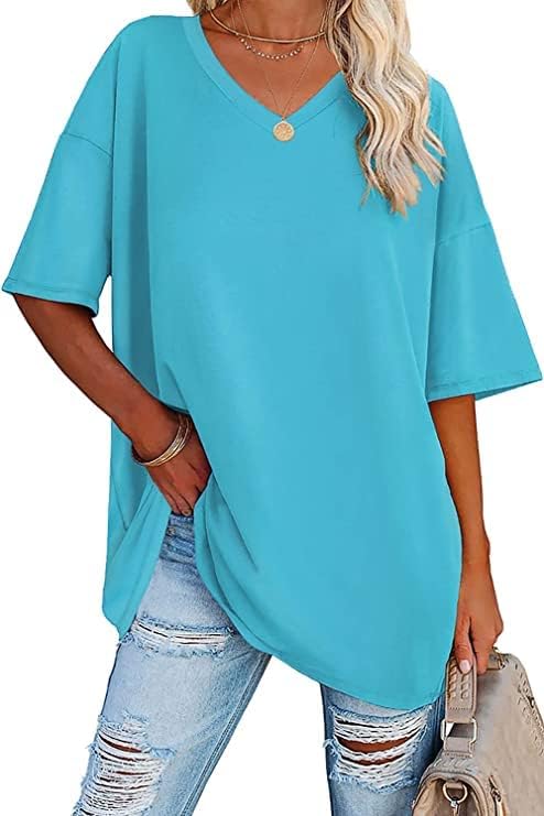 Ebifin Damen Oversize T Shirt mit V-Ausschnitt Kurzärmeliges Casual Lockere Basic Sommer Tee Shirts Bluse.