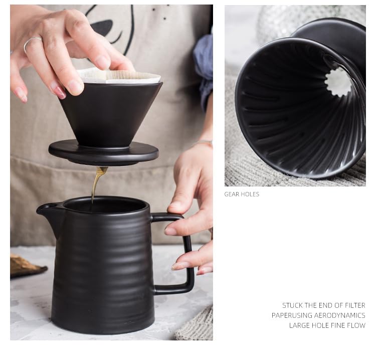 Image of BeeCa Ceramic Pour Over Coffee Maker Set, 17oz 1-2 Cup V60 Dripper, Includes Paper Filters, Retains Optimal Heat for Home Office or Cafe, Black
