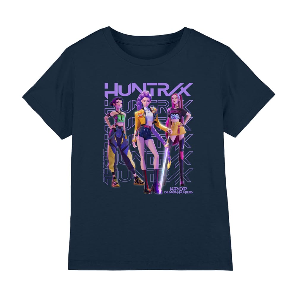 Kpop Demon Hunters Navy K-Pop Demon Hunters - Huntrix Huntr/X Golden Trio Pose Kids T Shirt, 7-8