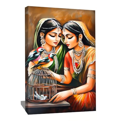 Décoration Murale Indienne - Tableau Oriental Moderne - Impression Sur Toile De Femme - Décoration Murale Salon Oiseaux - Tableau Abstrait Moderne Avec Cadre...