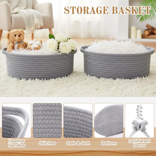 Image of Colingmill Woven Basket with Gift Bags and 2 Ribbons, Raffia Grass Paper Shred Filler, Gift Card, Empty Small Rope Basket for Storage Presents Toy Organizer(Grey,12 * 8 Inch)