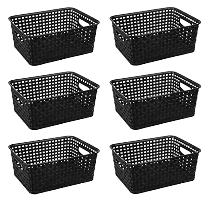Black Plastic Woven Storage Baskets, 6-Pack Weave Basket Organizer for Kitchen Office Bathroom