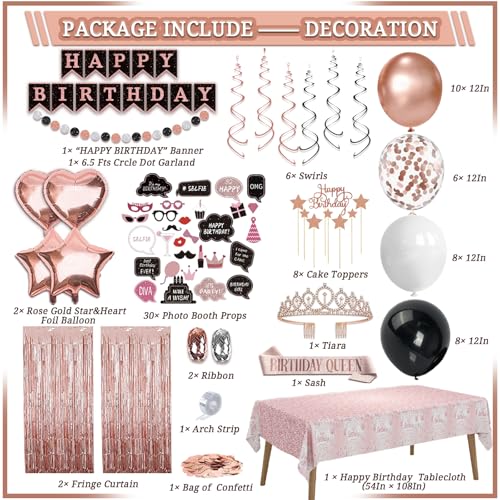 291 Pcs Rose Gold and Black Birthday Decorations, Happy Birthday Decorations for Women Supplies - Banner, Balloon, Tiara, Sash, Photo Props, Tableware with Rose Gold for 50 Guests by LFSTGN - Image 2