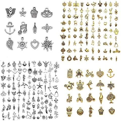 VEGCOO 200 Stücke Charms Anhänger zum Schmuck, Armbänd Ketten Ohrringe Selber Machen, Gemischte Vintage Aesthetic Accessoires Halskette Making Zubehör Silber (Silber und Gold) Cover