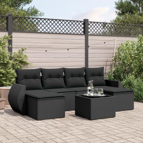 LoogCape 7-TLG Sofá de jardín de ratán de polietileno negro con almohada, espacio de almacenamiento y tablero de mesa de vidrio templado para terraza, balcón, exterior