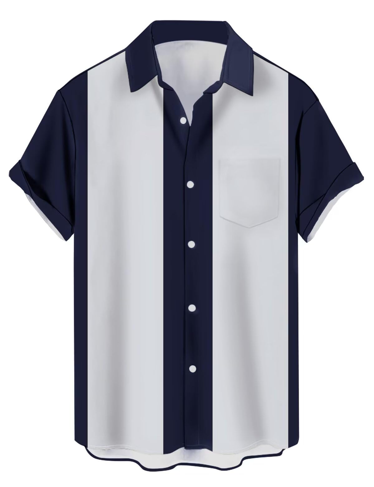 Lzzidou Men's Navy And Grey Vintage Bowling Shirt 1950S Retro Rockabilly Style Short Sleeve Button Down Music Hawaiian Shirts, L