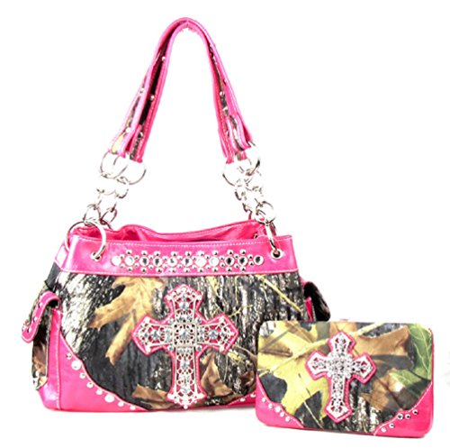 Western Handbag Camouflage Cross Camo Rhinestone Purse With Matching Wallet (PINK)