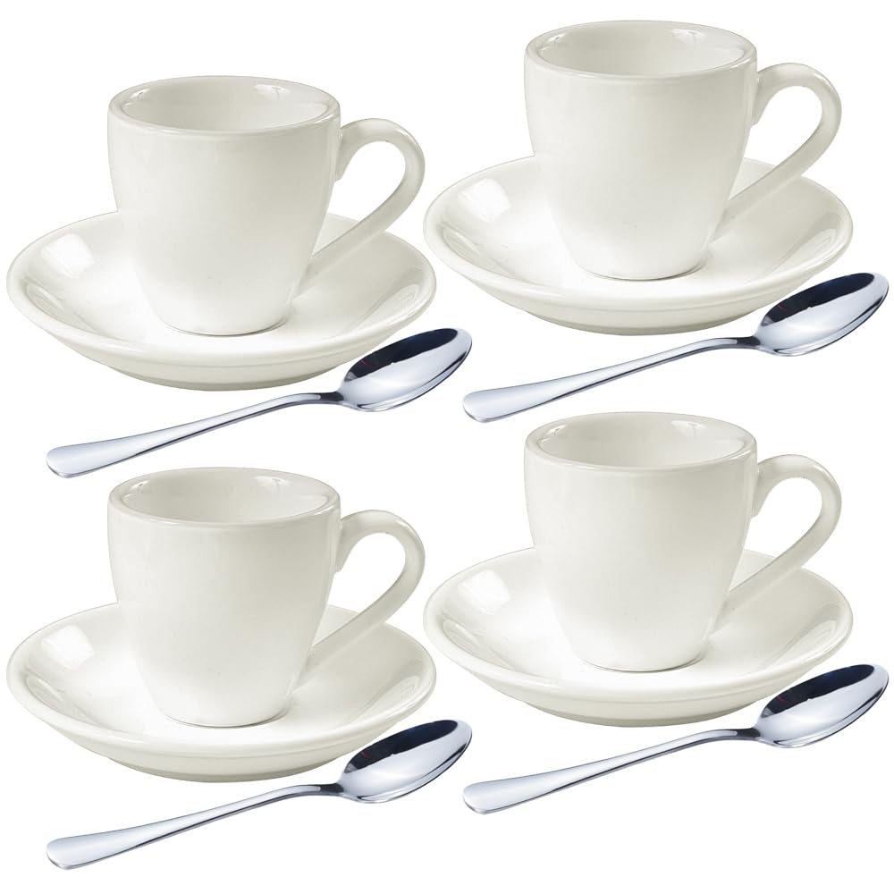 homEdge Set of 4 White Porcelain Espresso Shot Cups with Saucers and Stainless Steel Spoons 80ml
