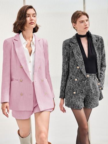 Cicy Bell Womens 2 Piece Tweed Blazer Shorts Sets Long Sleeve Double Breasted Suit Jackets Business Outfit - Image 5