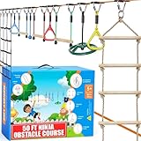 Ninja Warrior Obstacle Course for Kids – 2 x 50 ft Slacklines with 10 Weatherproof Obstacles – Monkey Net, Ratchet-Tight Technology, Supports Up to 880 lbs – Climbing & Swinging Equipment
