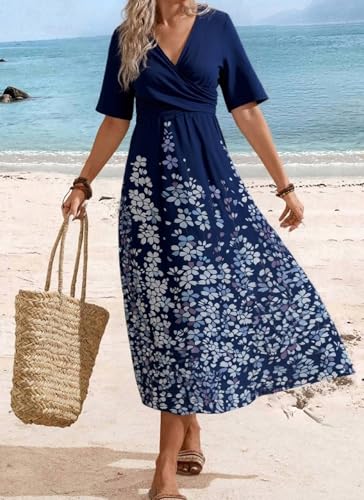 Women Summer Dresses Blue Striped 3/4 Sleeve Midi Dress with Side Pockets Casual Pleated Round Neck Dress2