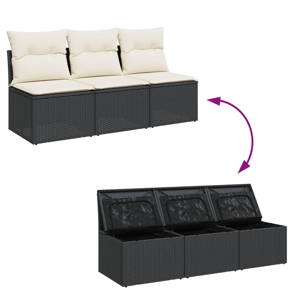 Gecheer Divano da Giardino a 3 Posti con Cuscini Nero in Polyrattan,Divani,da Giardino,per Esterno,Salottini,Salotto da Giardino,da Esterno,Divano Modulare,Set da Giardino,366015