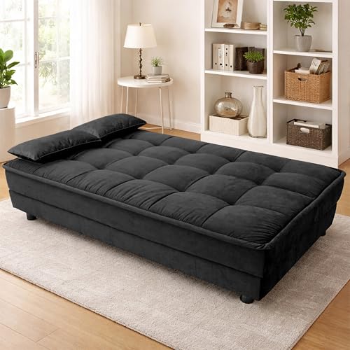 Image of Wooden 3 Seater Sofa Cum Bed | Soft Velvet Upholstery | Multi-Functional Convertible Couch for Living Room, Guest Room & Small Spaces - Black