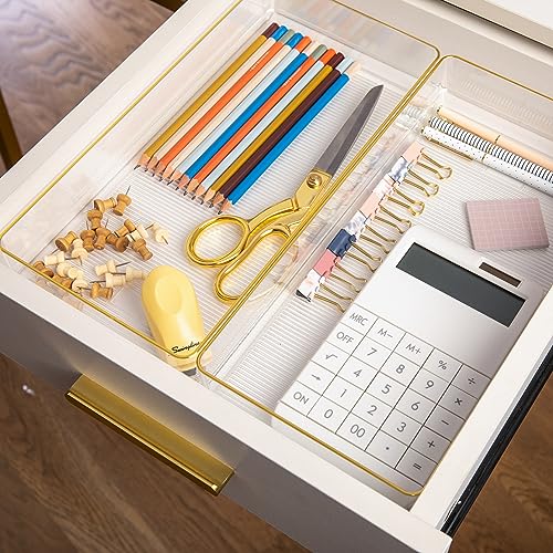 Image of Martha Stewart Kerry Plastic Stackable Office Desk Drawer Organizers, 12 inch x 6 inch, 3 Pack, with Gold Trim
