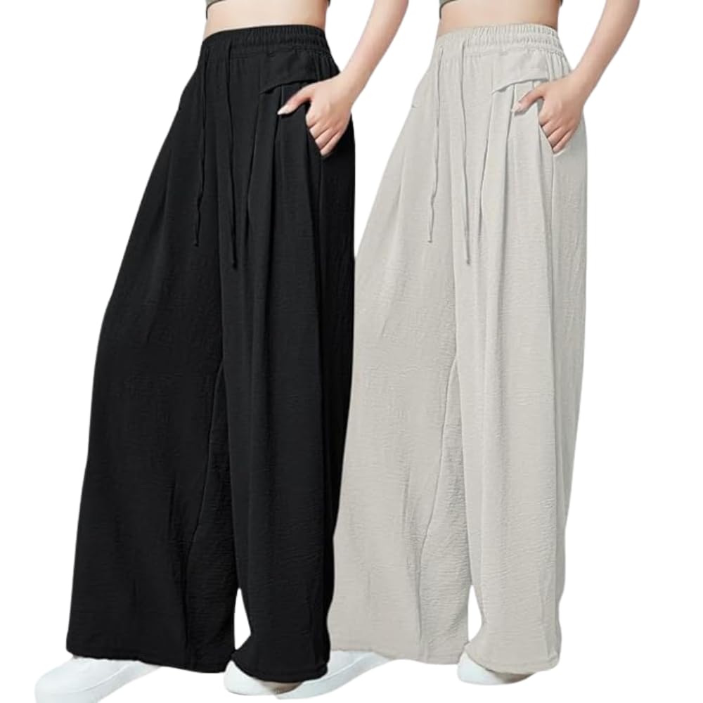 GRECIILOOKS High Waist Polycotton Trousers for Women – Flared Parachute Pants with Side Pockets | Casual Travel Cargo Pants (Available in Plus Size and Value Pack)