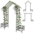 Kalolary 2 in 1 Metal Garden Arbor with Plant Box, 8FT House Shape Garden Arch Trellis for Climbing Plants Heavy Duty Steel Pergola Arch for Wedding Party Backyard Outdoor (Freely Adjustable Width)