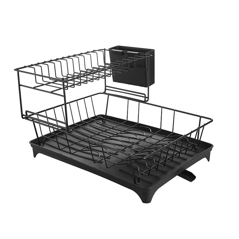 Large Dish Drying Rack for Kitchen Counter - Detachable with Utensil Holder, Double-Layer Dish Dryer with Drain Plate in Black