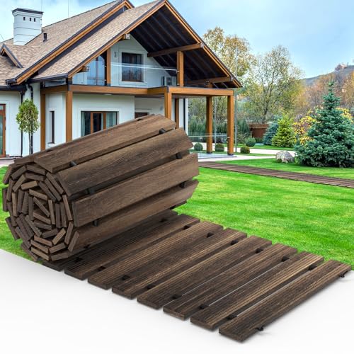Mars Villa 8FT x 17IN Wooden Garden Pathway, Outdoor Roll Out Decorative Garden Walkway, Weather-Resistant Non-Slip Hardwood Walkway Pavers for Garden, Backyard, Beach, Wedding Party Pathways, Brown