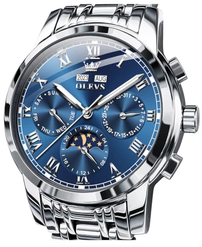 OLEVS Blaue automatische Herrenuhren, goldene selbstaufziehende mechanische Business Luxus-Armbanduhr aus Edelstahl mit Mondphase, wasserdicht, Leuchtend, mit Kalender für Männer