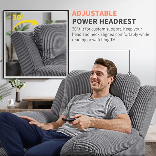 Image of EONIX Real Zero Clearance Wall Hugger Power Recliner Chair with Adjustable Headrest for Small Spaces, RV, Living Room, Bedroom, 24.4'' Seat Width, 400lbs Heavy Duty, SXXY017992, Corduroy, Dark Grey