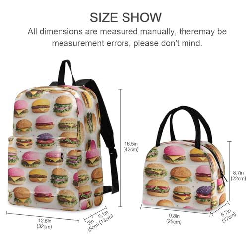 Pattern Hamburger Print Backpack Set with Lunch Bag, Large Capacity Travel Backpacks and Lunch Box Insulated for Commute Hiking Picnic2