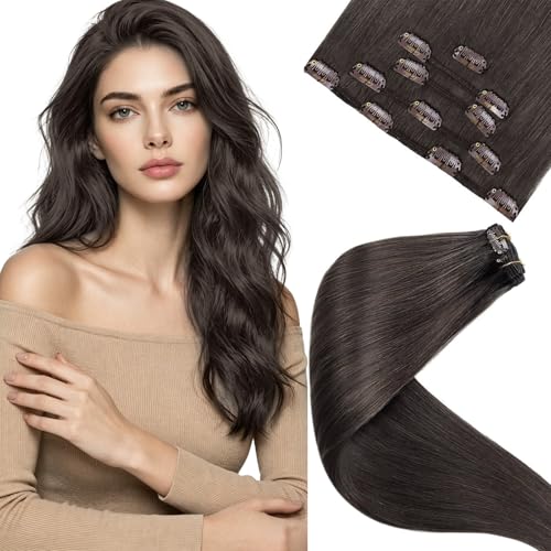 Image of LaaVoo Clip in Hair Extensions Brwon Hair Extensions Clip ins Mocha Brown Human Hair Clip in Extension Straight 20 Inch 5Pcs /80g