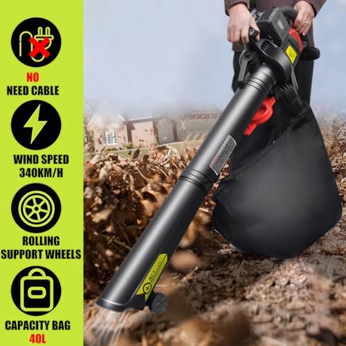 Soplador de Hojas y triturador de vacío inalámbrico de 40 V, Aspirador y sopladores de jardín, triturador de vacío de Hojas con batería de 6 velocidades con Bolsa recolectora de 40 l, 156 CFM