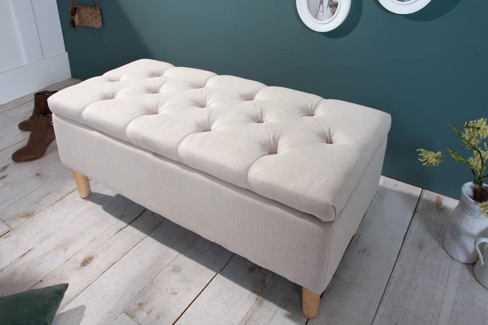 Truhenbank CASTLE - 100cm - beige - Strukturstoff Massivholz-Beine Stauraum