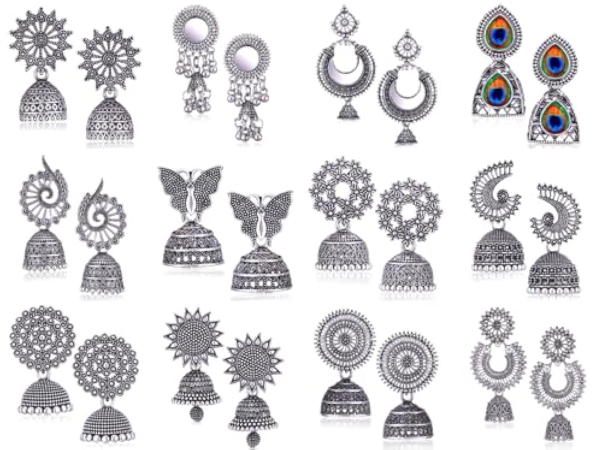 Women's Oxidised Silver Jhumka Earrings Combo, Traditional Style
