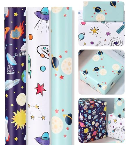 heuchaey 43 cm x 300 cm Papier Cadeau Enfant, 3 Rouleaux Papier Cadeau Motif Espace, Emballage Cadea Anniversaire Garçon, Papiers Cadea pour Fêtes Noël, Les Fêtes Sur Le Thème de L'Espace