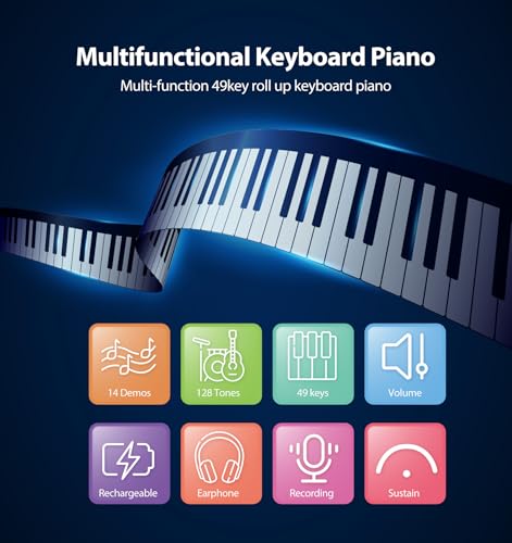 Image of MARVTOWN 49Key Roll Up Digital Piano Keyboard,Portable Foldable Electronic Piano with speaker,earphones,8 Tones,6 Demo Songs,Rechargeable Flexible musical keyboard for Beginners&Kids(Black&White)