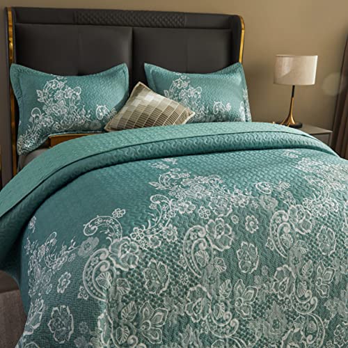 3 Piece Quilt Set Spring Lace Pattern Soft Microfiber Lightweight Coverlet Bedspread Summer Comforter Set Bed Cover Blanket for All Season (Blue, Queen)