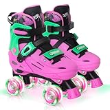 Nattork Rollschuhe Kinder, Verstellbare Rollschuhe für Kinder Jungen Mädchen, 4 Größen Verstellbar und LED Rollschuhe, Rennwagen Roller Skates Geschenkidee für Geburtstage (Rosa Grün, EU(37-41))