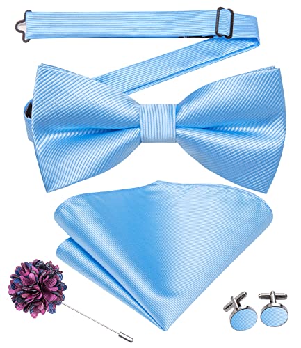 Image of Hi-Tie Sky Blue Bow Ties for Men Pocket Square and Lapel Pin Sets Cufflinks Mens Bowtie Sets for Wedding Formal Party